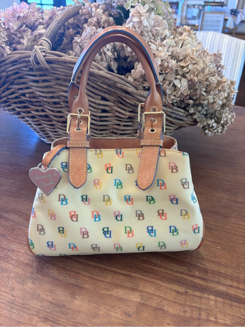 Dooney & Bourke Multicolor DB Logo Satchel with Brown Leather Trim